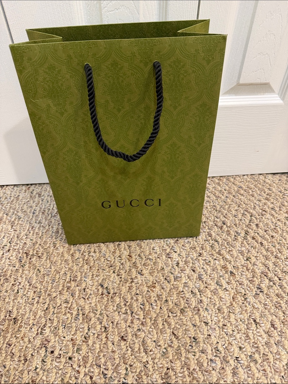 Gucci Olive Green Damask Paper Shopping Bag with Black Rope Handles